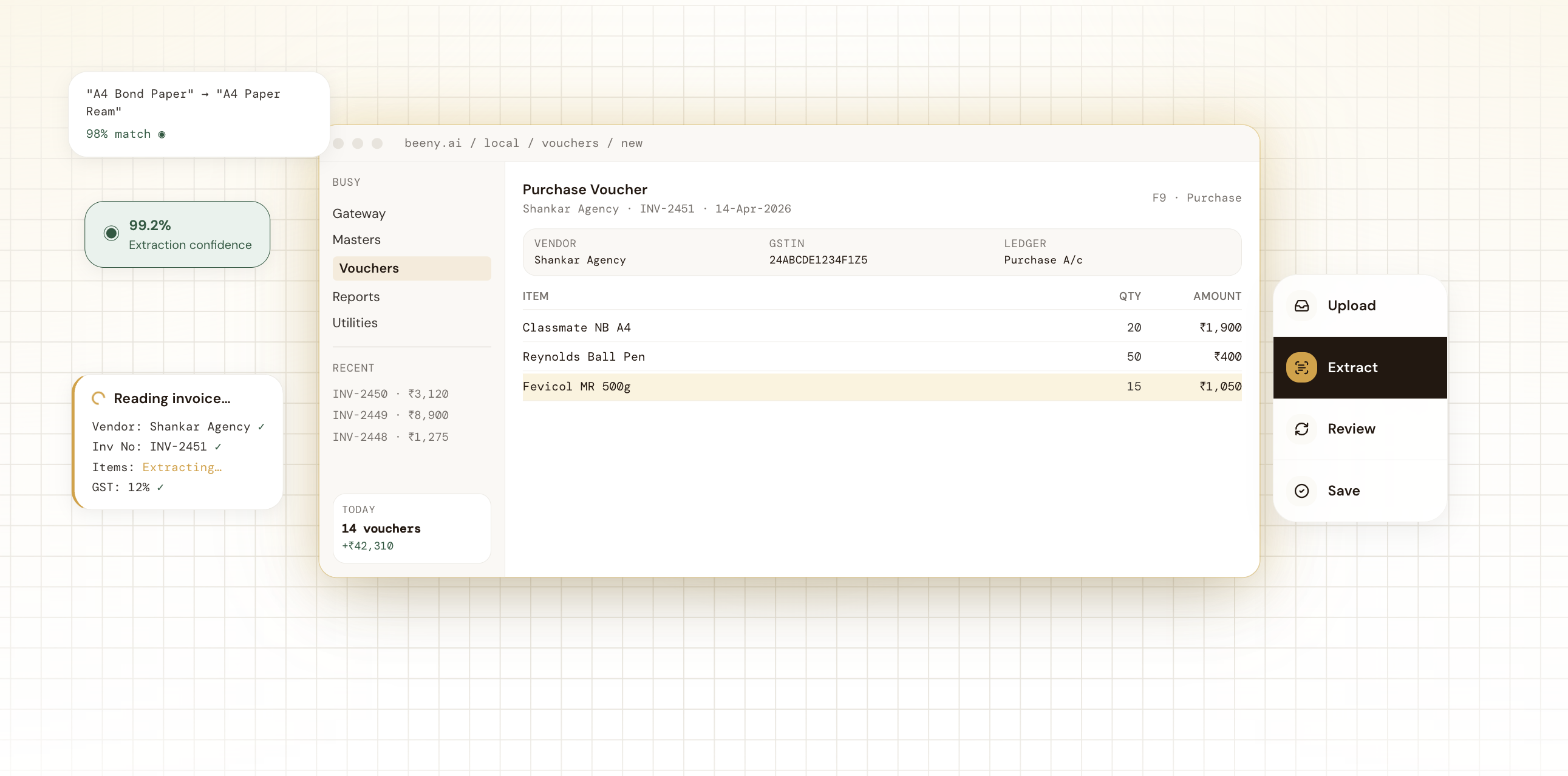 Beeny extract state reading invoice fields with confidence callouts