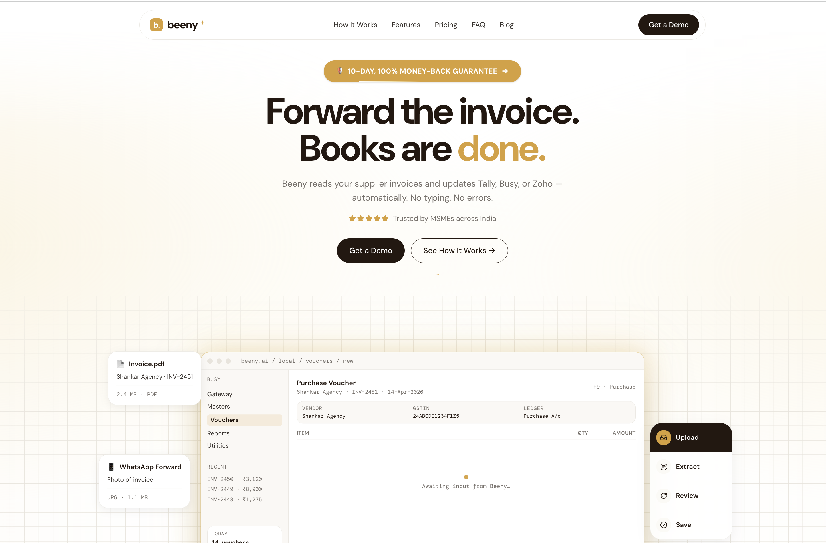 Beeny marketing site hero showing the invoice workflow and review state