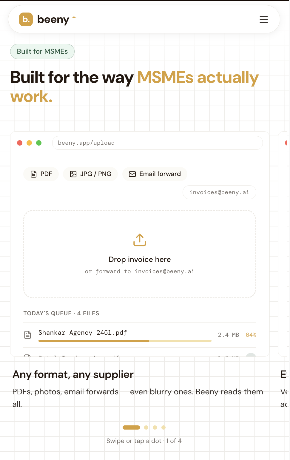 Mobile MSME section for Beeny with carousel and upload UI