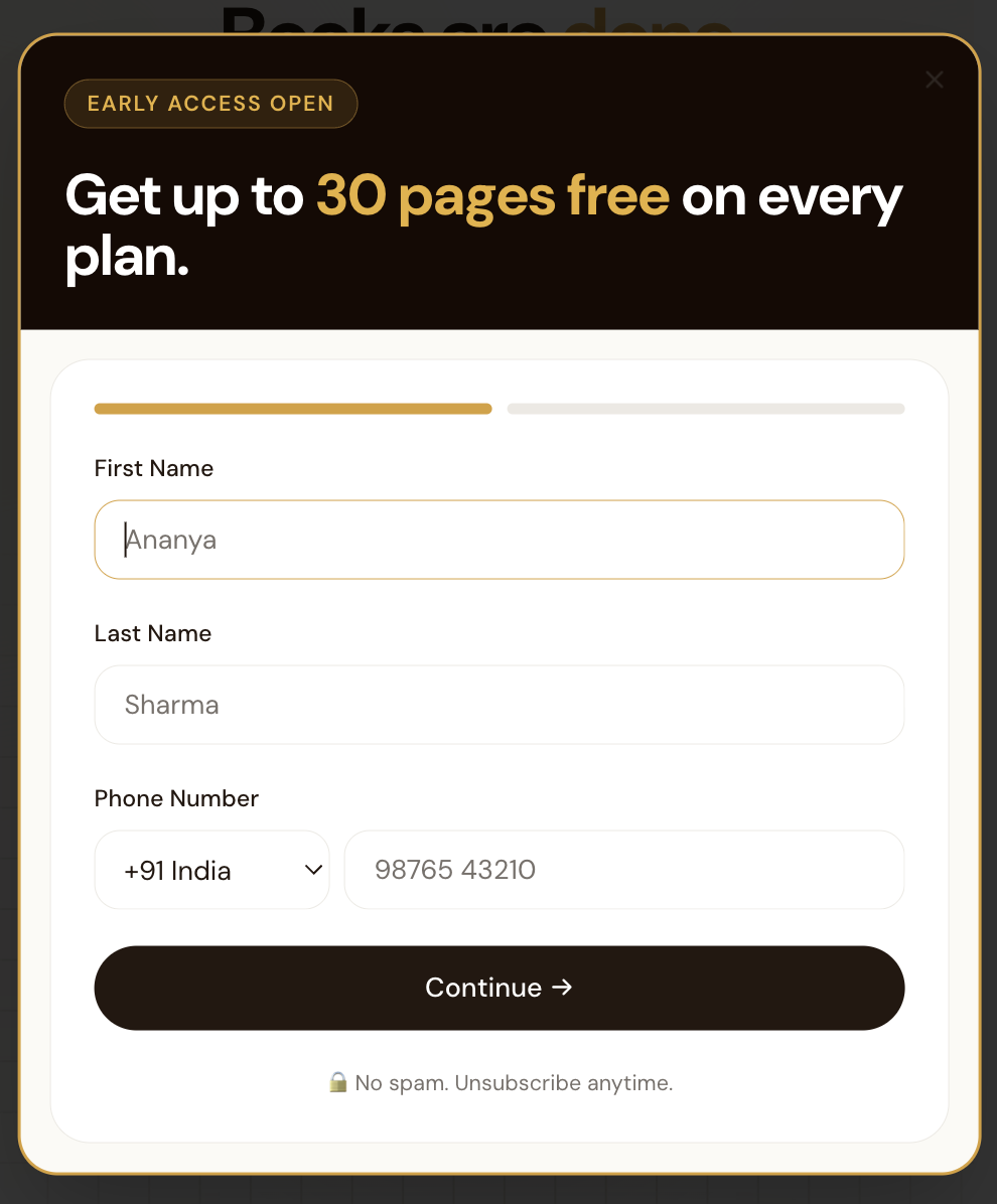 Step one of Beeny early access modal asking for name and phone number