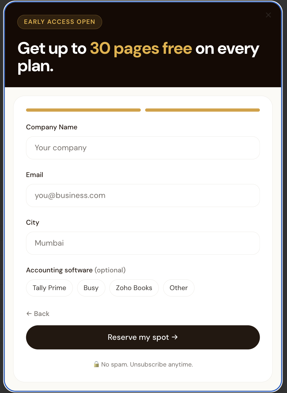 Step two of Beeny early access modal asking company details