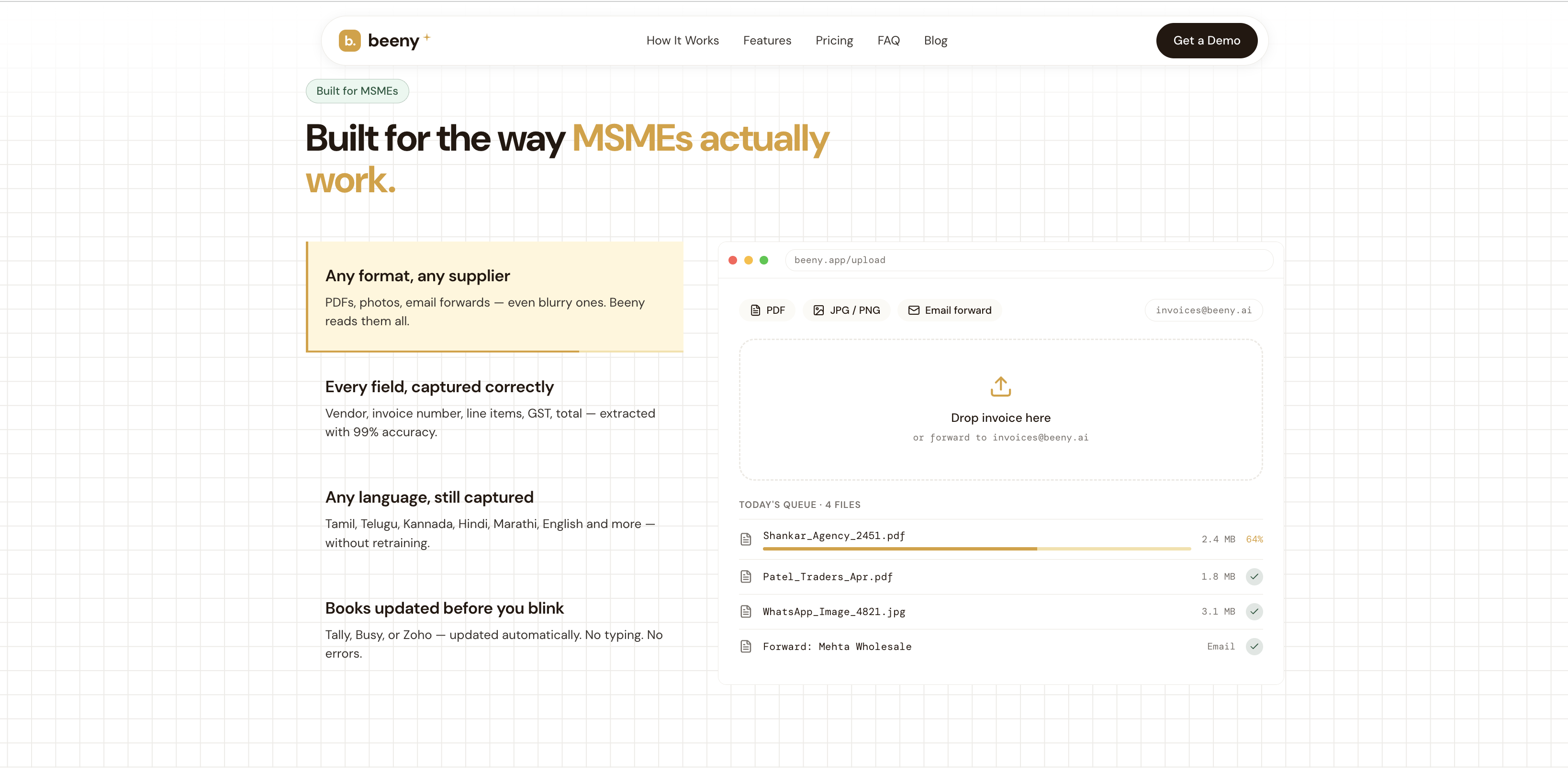 Desktop MSME section for Beeny with feature blocks and upload UI