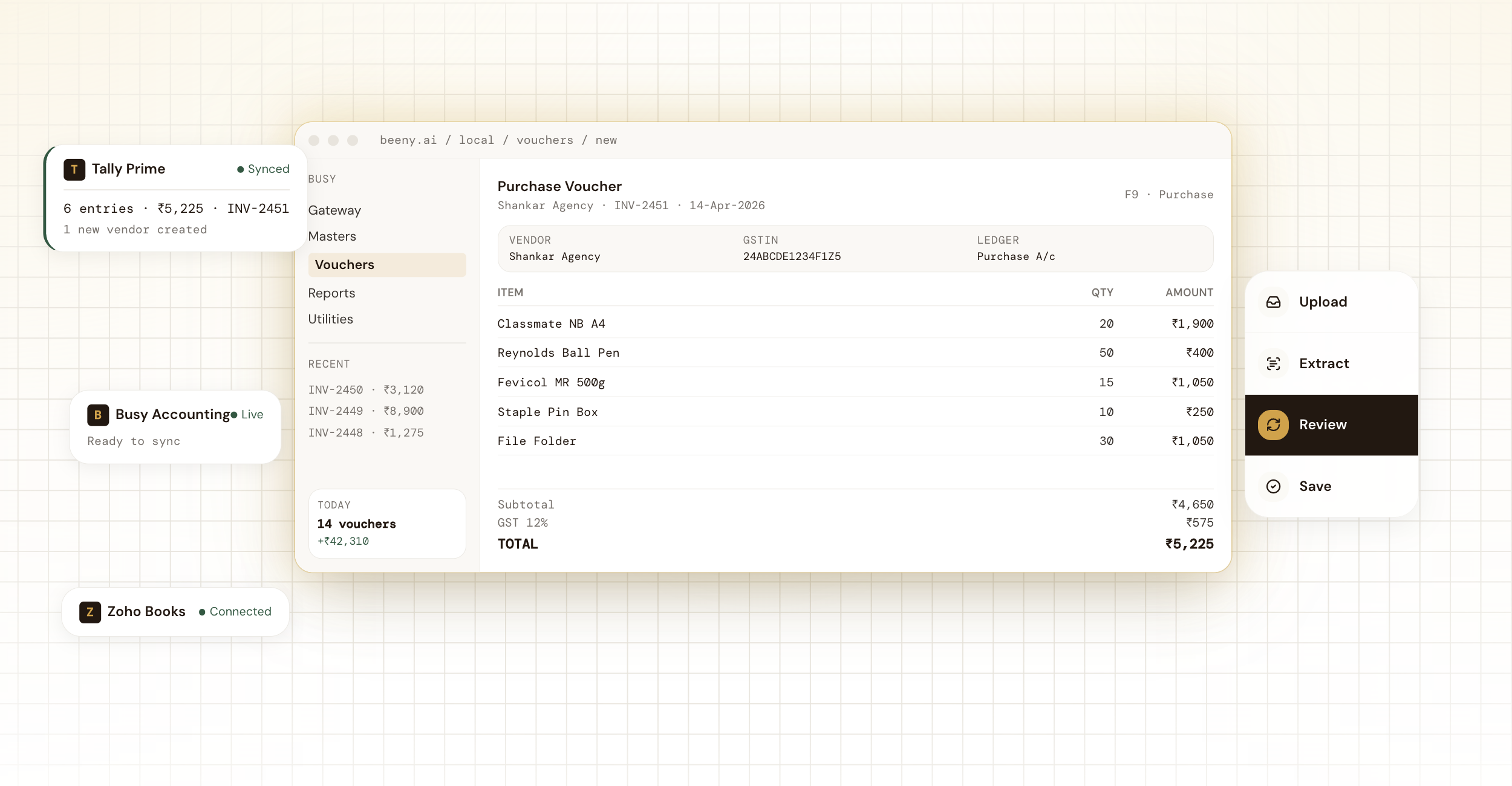 Beeny review state showing a completed purchase voucher
