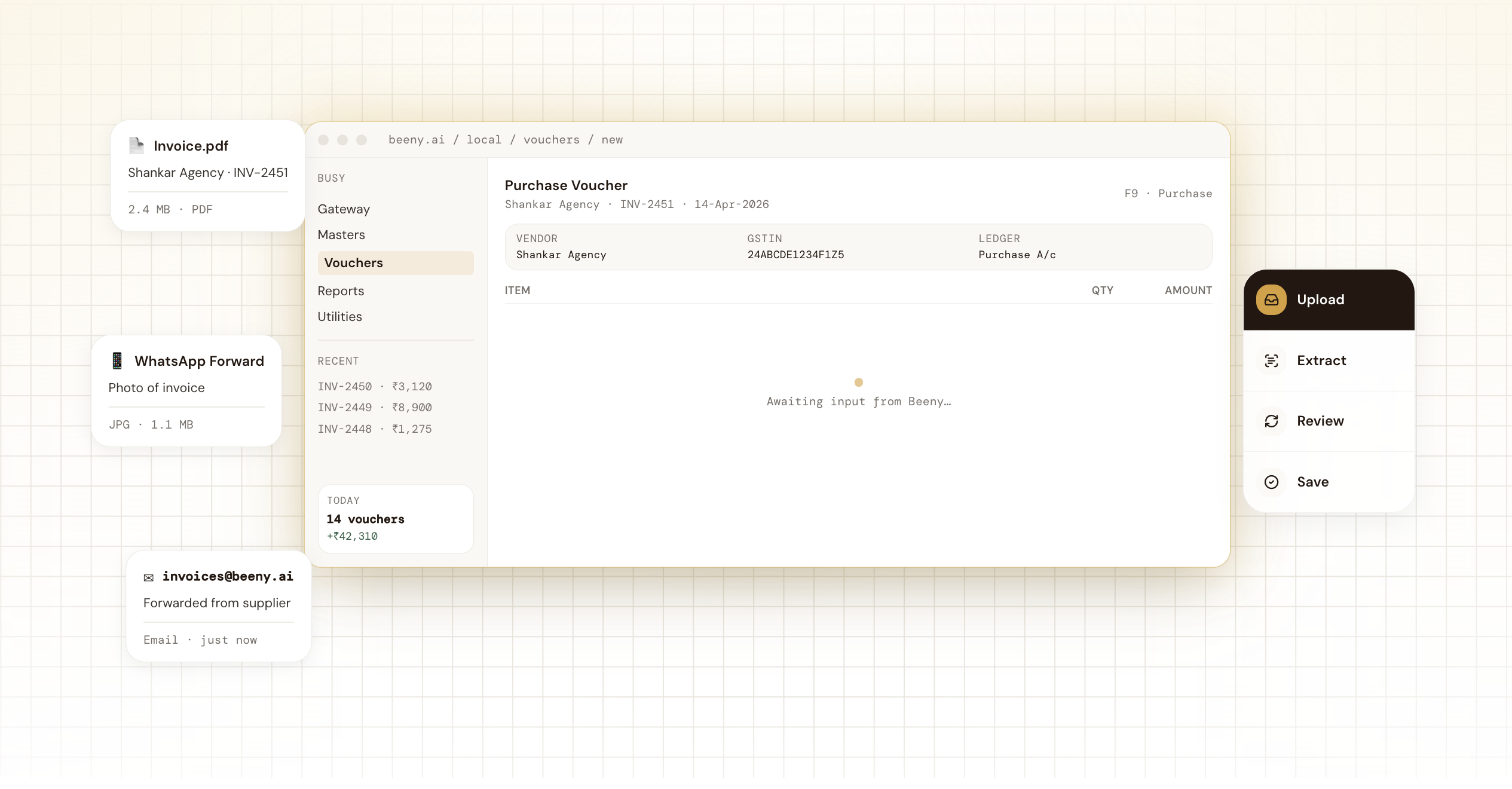 Beeny upload state with invoice files waiting for input