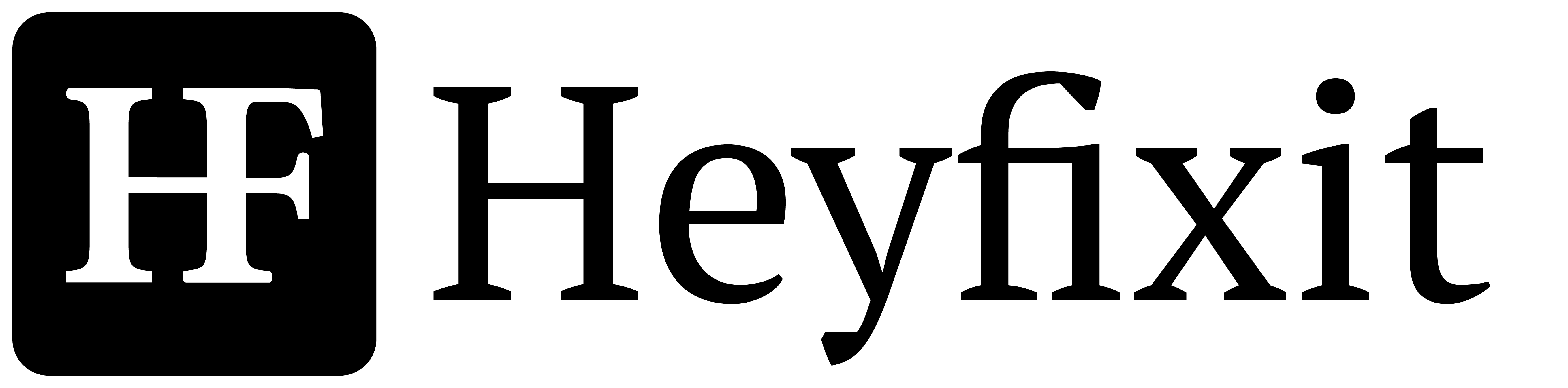 Heyfixit wordmark — serif HF mark with the Heyfixit name set in a slab serif