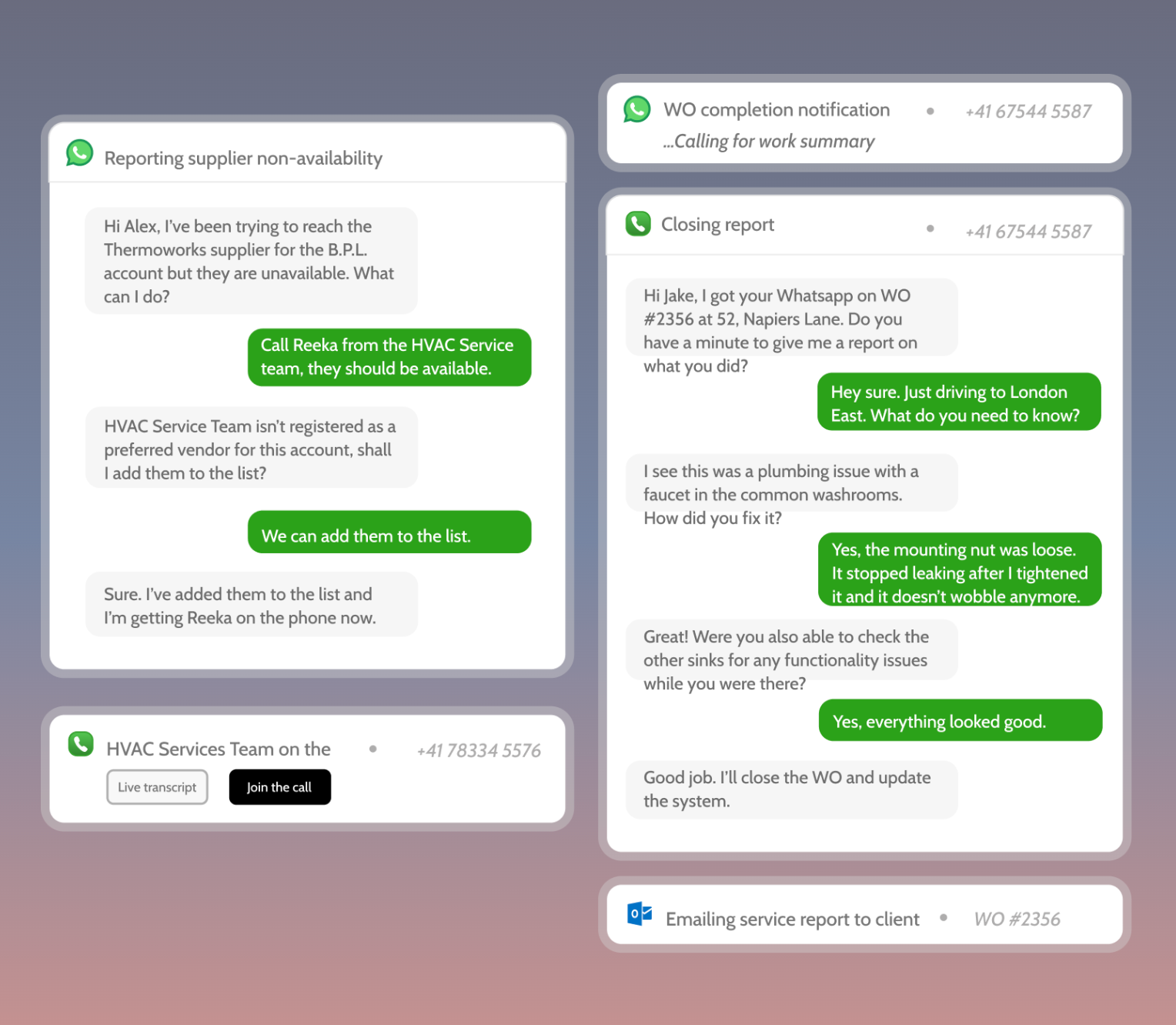 Heyfixit agent chats — supplier coordination on WhatsApp
