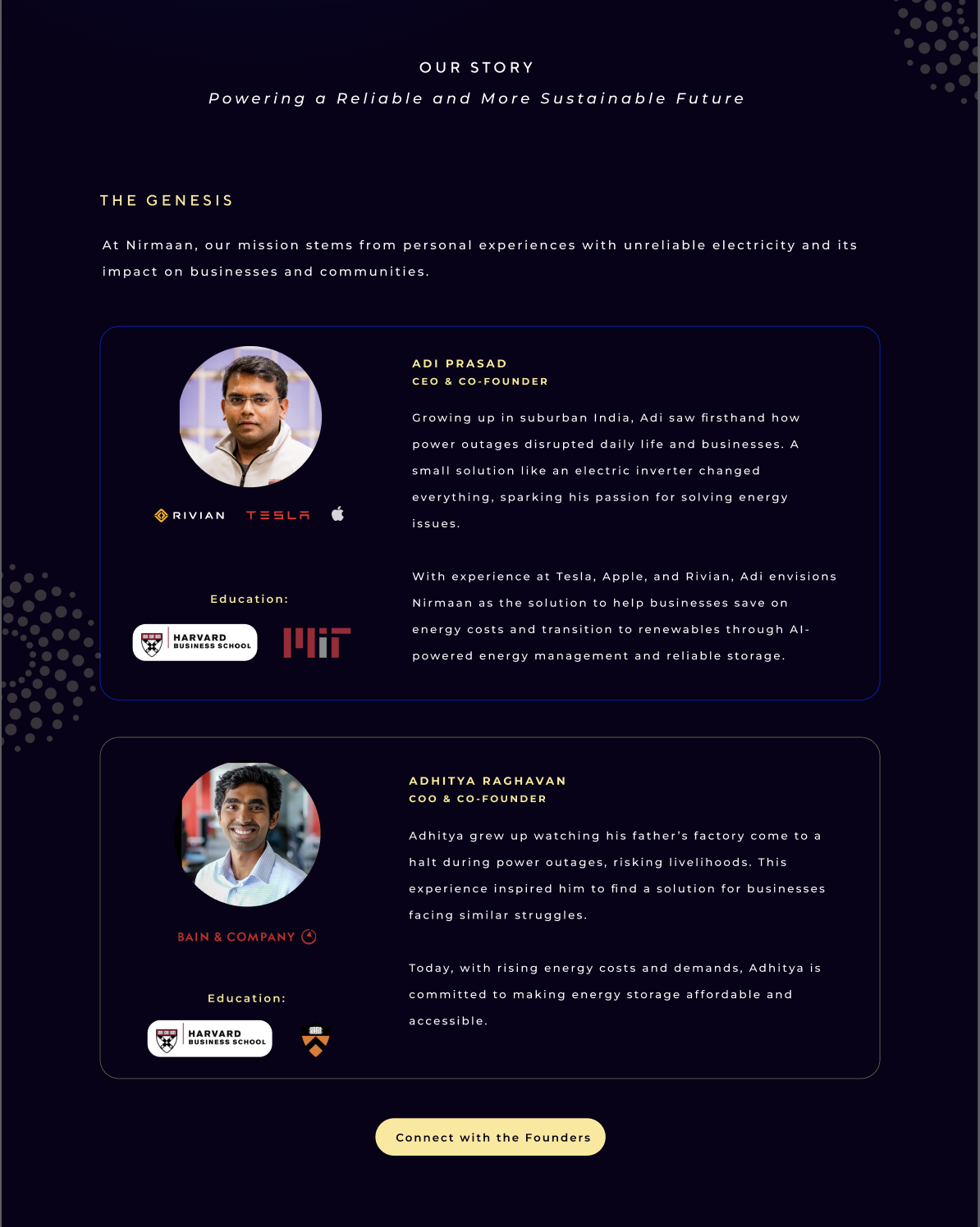 Nirmaan founders section showing the HBS founders and their backgrounds