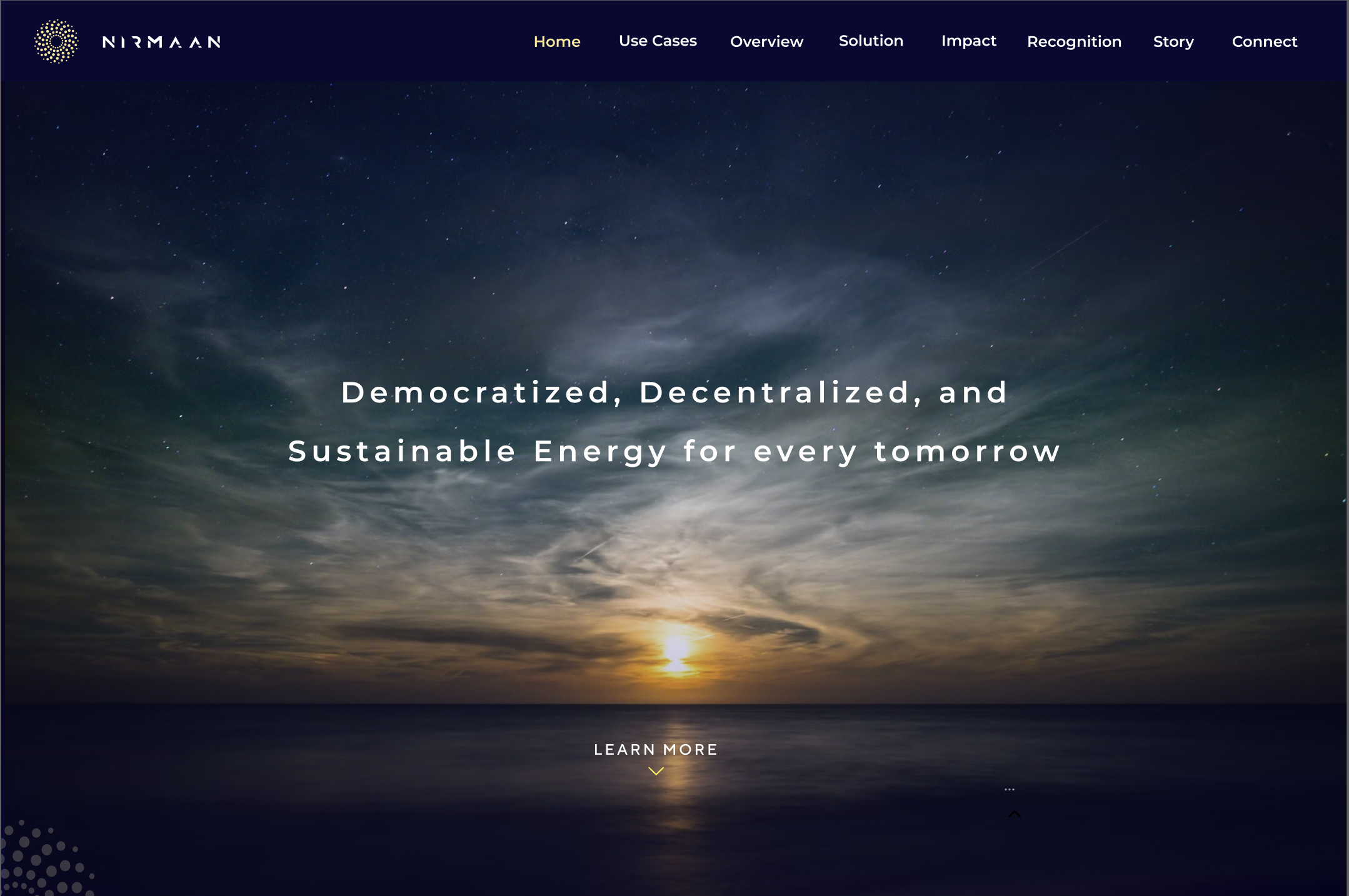 Nirmaan website hero section with dusk sky and navigation